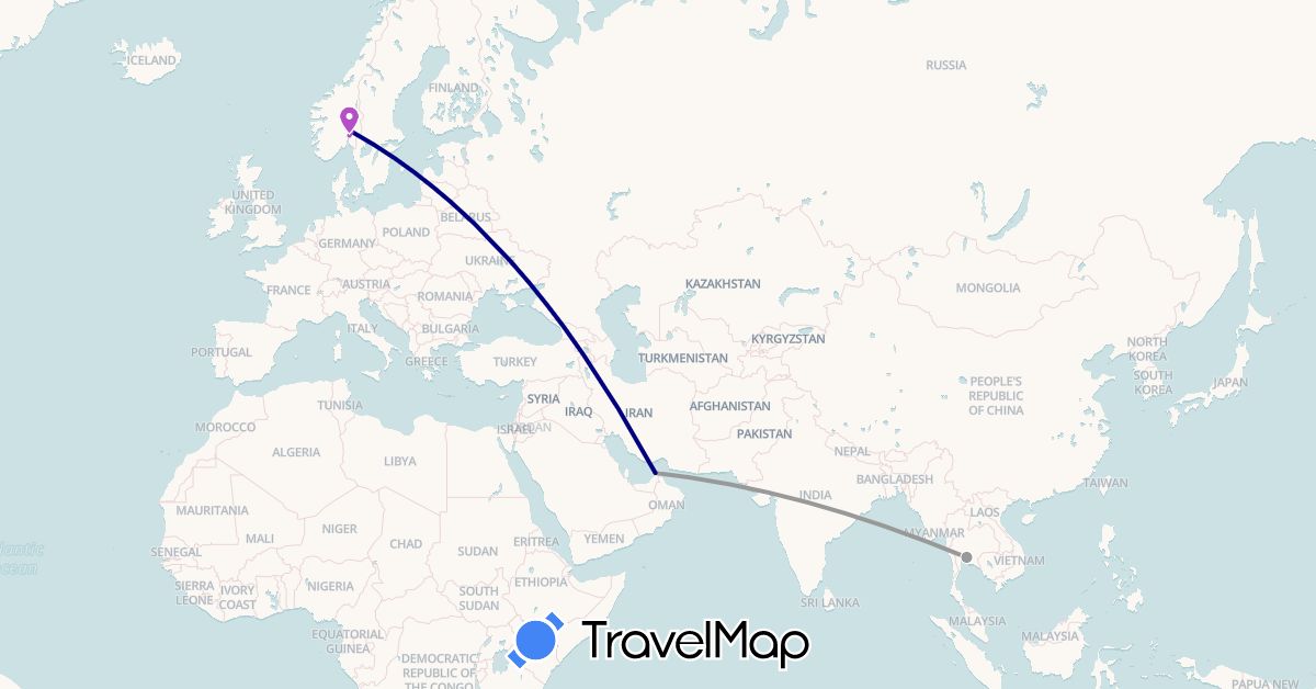 TravelMap itinerary: driving, plane, train in United Arab Emirates, Norway, Thailand (Asia, Europe)